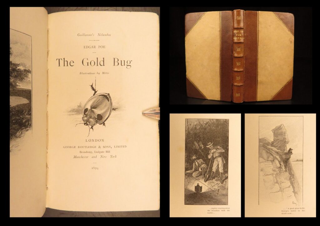 The gold bug – edgar allan poe – 1894 | horror, suspense, & mystery | edgar allan poe’s the gold bug, published by g. Routledge and sons in 1894, presents his famous tale of hidden treasure and cryptography set on sullivan’s island, rendered here in a small victorian leather-bound format.