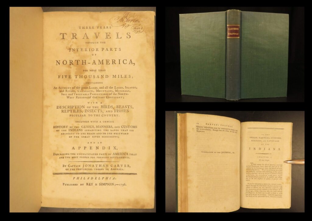 1796 – jonathan carver north america voyages | great lakes exploration & indians | carver’s three years travels (1796) documents early exploration of north america with attention to native cultures, wildlife, and landscapes around the great lakes and mississippi.