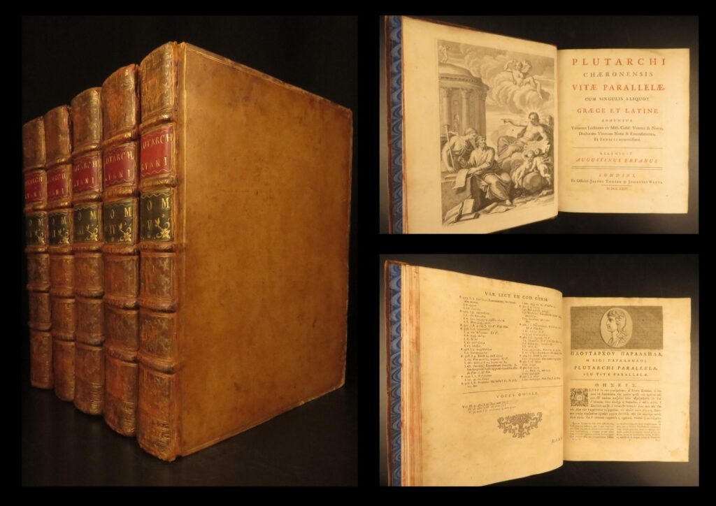 1729 – plutarch parallel lives | latin & greek | enormous 5 volume set | rare 1729 bilingual edition of plutarch’s parallel lives translated by augustinus bryanus, printed by tonson & watts in five quarto volumes pairing greek and roman biographies in greek and latin texts.