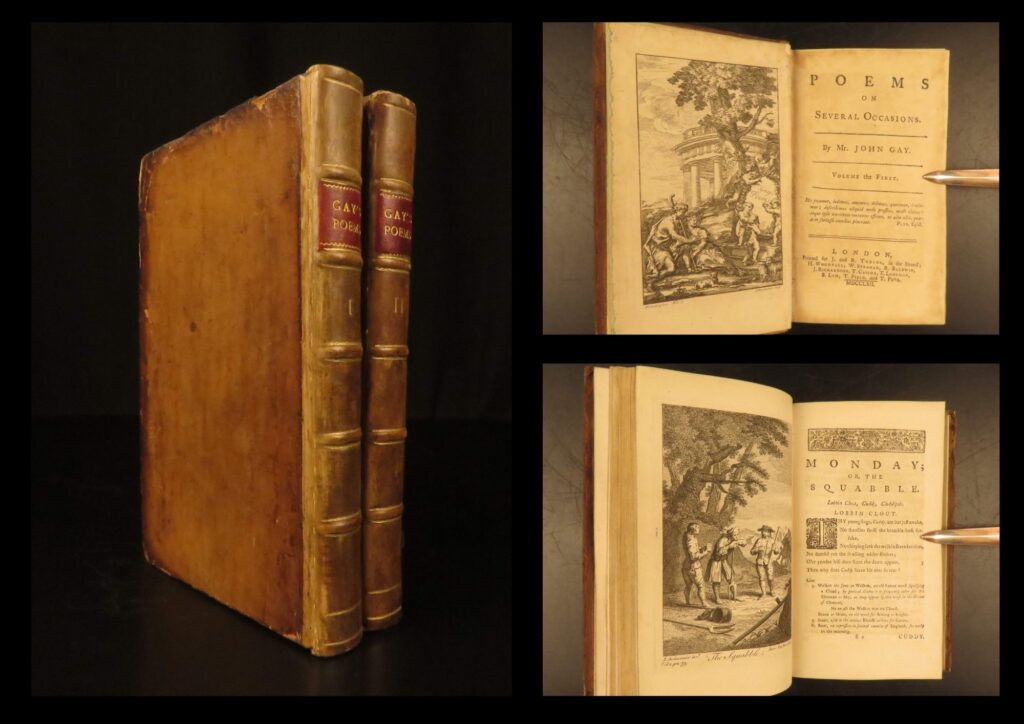 1762 – poems of john gay | english literature & poetry, 2 volume set | 1762 london edition of john gay’s poems on several occasions in two restored leather volumes containing “rural sports,” “the shepherd’s week,” “the fan,” and other verse.