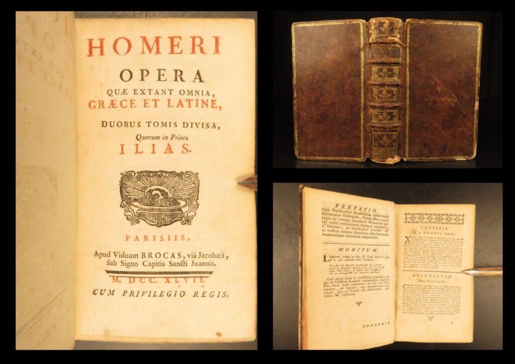 1747 – the iliad by homer | greek & latin parallel | famous greek mythology | 1747 paris printing of homer’s iliad presenting greek and latin texts on facing pages, in full leather binding with marbled endpapers. A scarce bilingual eighteenth-century edition printed by the widow brocas.
