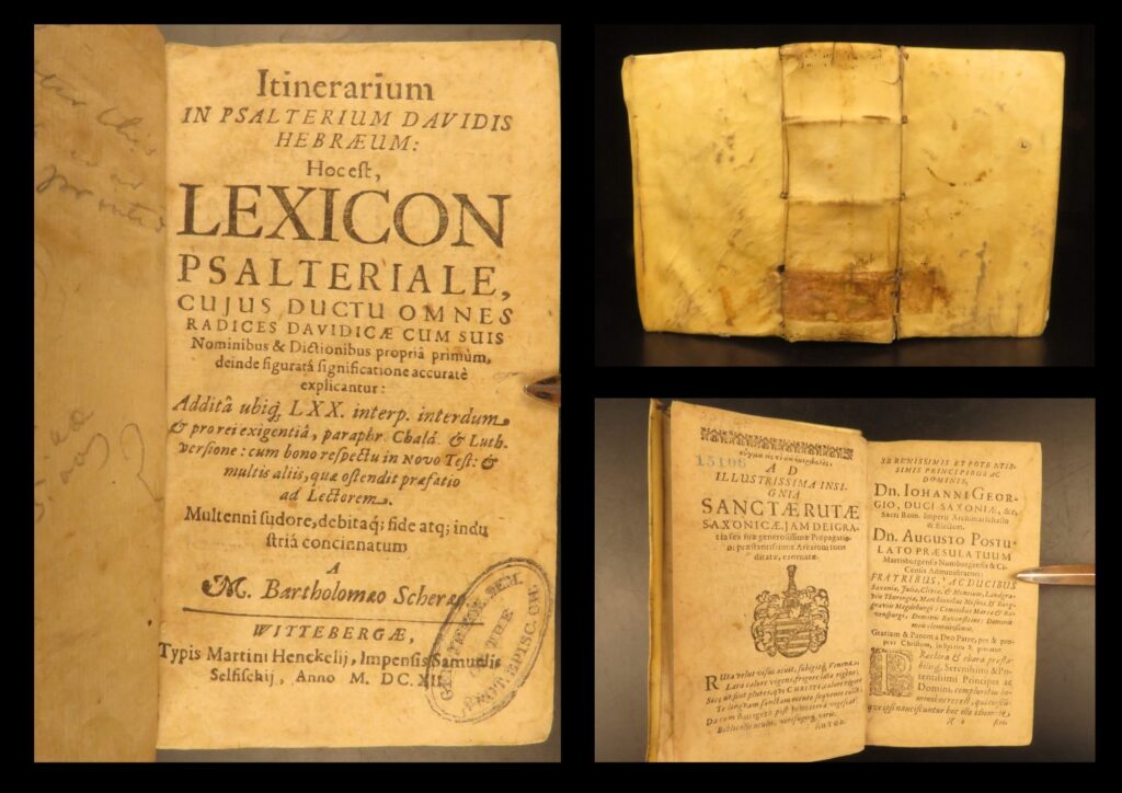 1612 – hebrew-latin psalter lexicon – bartholomew scheraeus | bible commentary | early hebrew-latin lexicon of the psalter by bartholomaeus scheraeus, printed in wittenberg in 1612. Lutheran scholarly theological reference analyzing hebrew roots and figurative meanings, bound in full vellum.
