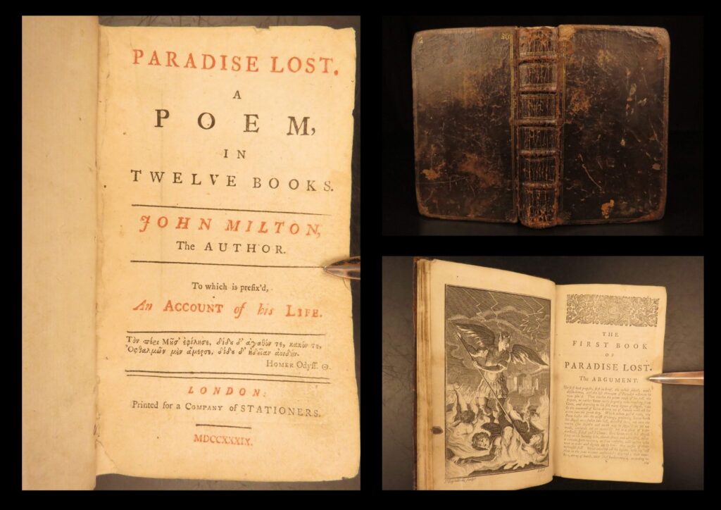 1739 – paradise lost – john milton | 12 full-page engravings & famous poetry | 1739 london edition of john milton’s paradise lost, printed for a company of stationers, complete with an account of milton’s life and twelve full-page engravings in a compact full-leather binding.