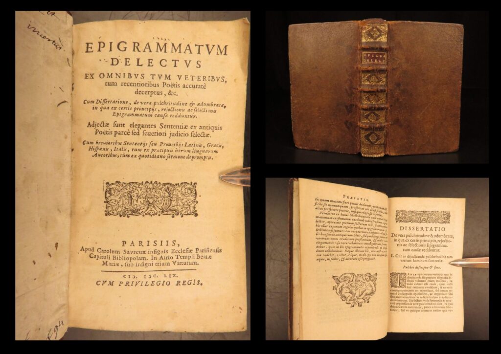 1659 – epigrammatum delectus | first edition | classical epigrams, martial cicero & virgil | 1659 latin anthology of classical and early modern epigrams compiled by nicole and lancelot, featuring works by martial, cicero, horace, and others, with greek–latin text.