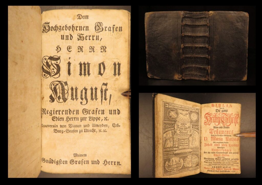1752 – martin luther german bible | die ganze heilige schrift | lemgo printing | a 1752 lemgo edition of the luther bible in german with martin luther’s small catechism, bound in full leather, complete and well-preserved.