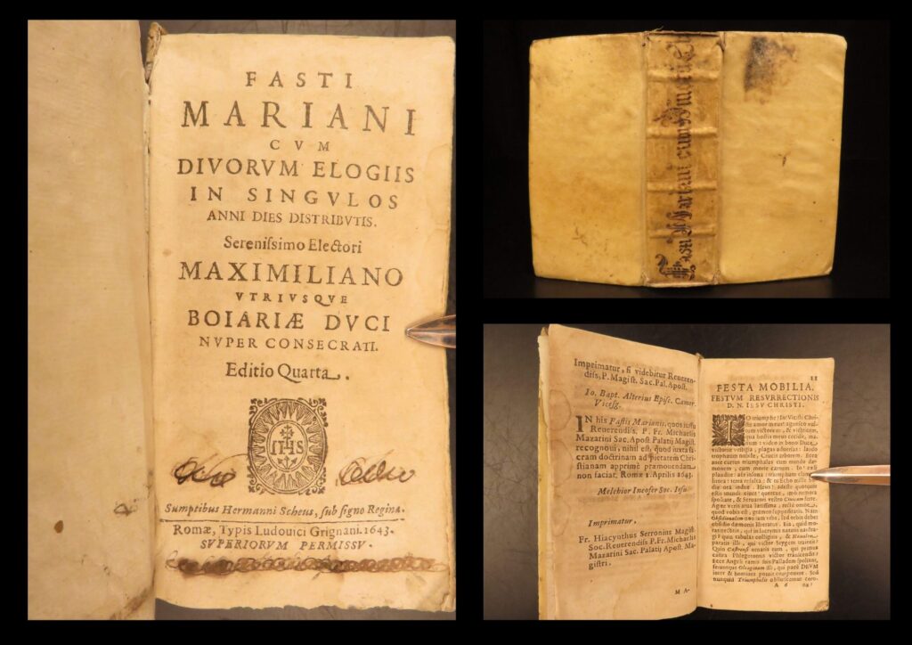 1643 – fasti mariani – andreas brunner | jesuit devotional & prayer book | seventeenth-century jesuit devotional book by andreas brunner, printed in rome in 1643, presenting latin prayers and meditations for every day of the liturgical year, preserved in its original vellum binding.