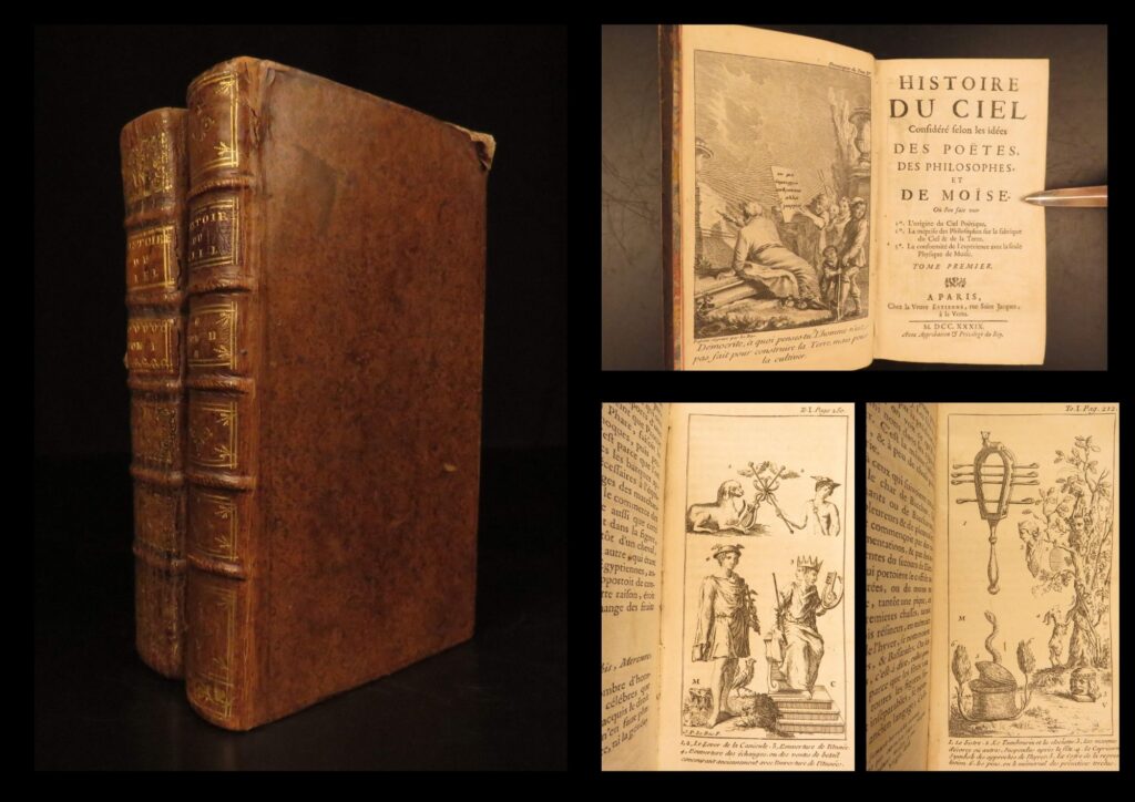 1739 – histoire du ciel, pluche | first edition ancient astrology & paganism | first edition of noel antoine pluche’s histoire du ciel (1739), a two-volume theological and cosmological study illustrated with twenty-four engravings by j. P. Le bas exploring poetic, philosophical, and biblical conceptions of the heavens.