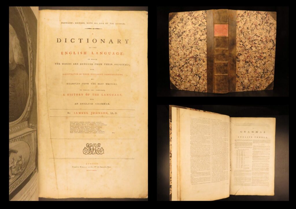 1786 – samuel johnson – dictionary of english language | enormous first edition | first single-volume folio edition of samuel johnson’s 1786 a dictionary of the english language, printed in london by harrison and co. , complete and well preserved in contemporary leather binding.