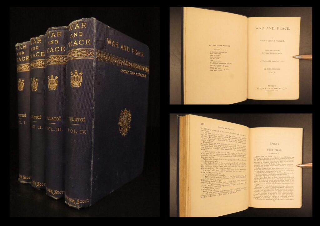 Ca. 1890 – war and peace – leo tolstoy | early english dole translation | 4vol set | four-volume early english translation of war and peace by leo tolstoy, published in london by walter scott ca. 1890 in blue cloth with gilt titles, complete and securely bound.