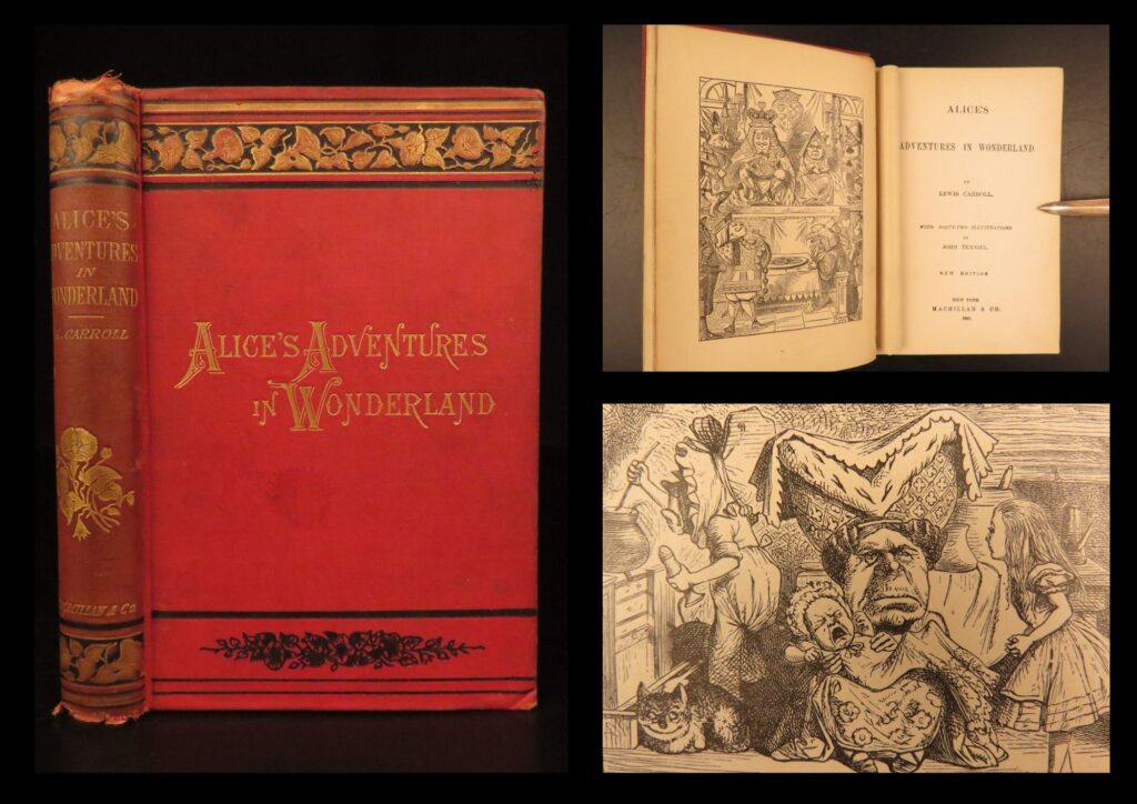 1885 – alice’s adventures in wonderland – carroll | american binding, illustrated | 1885 edition of lewis carroll’s alice’s adventures in wonderland featuring forty-two illustrations by john tenniel, an early victorian issue of a cornerstone work in english children’s literature.