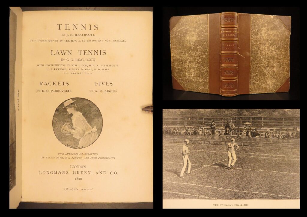 1890 – tennis, rackets, fives – heathcote | first edition, illustrated sports & athletics | first edition of j. M. Heathcote’s tennis: lawn tennis, rackets, fives (1890), a victorian study of four racquet sports with illustrations and complete rules.