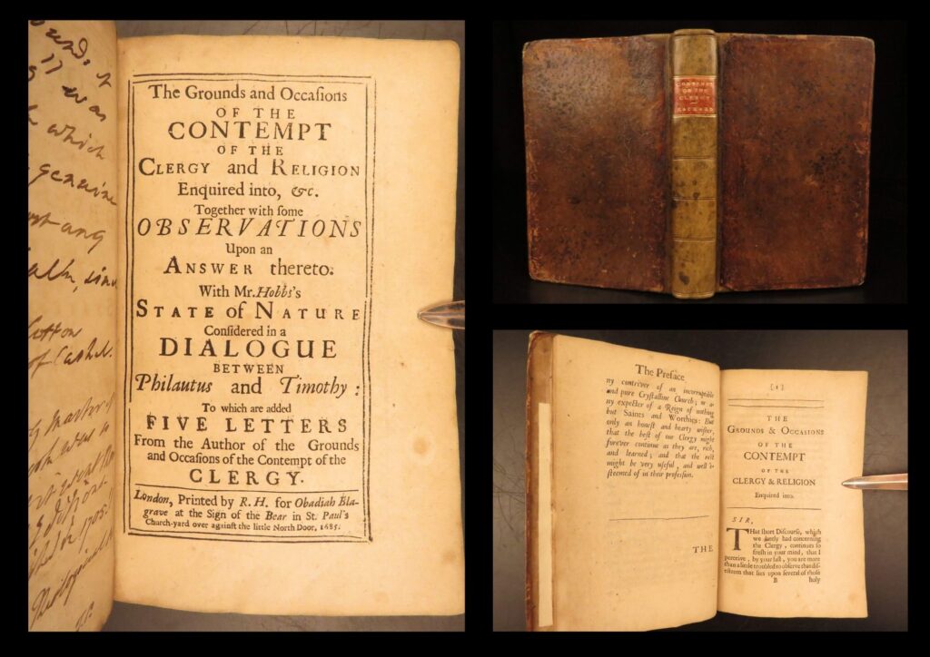 1685 – grounds of contempt of the clergy, eachard | anglican satire on english clergy | 1685 london edition of john eachard’s satire the grounds and occasions of the contempt of the clergy with its sequel observations upon an answer thereto, restored full leather, original boards, and alan stuart roger bookplate.