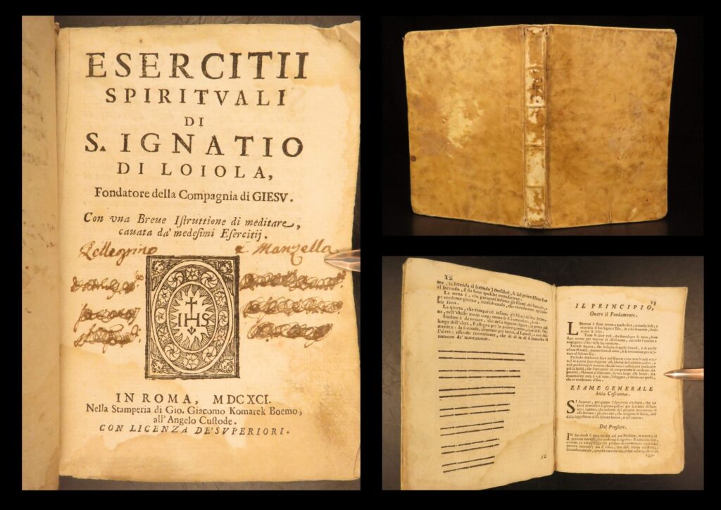 1691 – spiritual exercises of saint ignatius of loyola | early jesuit devotional | a 1691 rome printing of ignatius of loyola’s esercitii spirituali presenting his structured spiritual exercises in a compact vellum bound devotional format.
