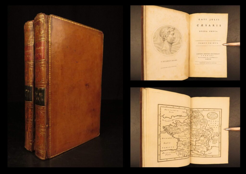 1790 – julius caesar war commentaries | ancient rome maps | 2vol set | 1790 edition of les commentaires de césar by julius caesar, translated in french with continuation by aulus hirtius. Two-volume 12mo set with four large double-page maps illustrating roman campaigns.