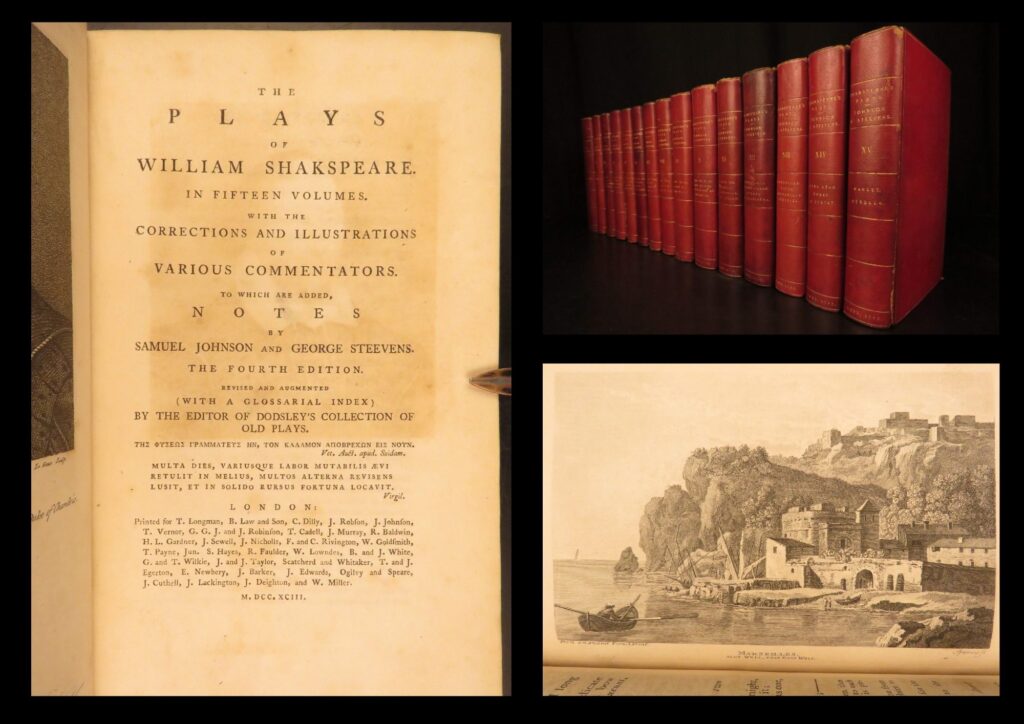 1793 – plays of william shakespeare | famous steevens’ translation, 15 volume set | 1793 edition of the plays of william shakespeare, edited by steevens and johnson, complete in 15 volumes with full leather bindings.