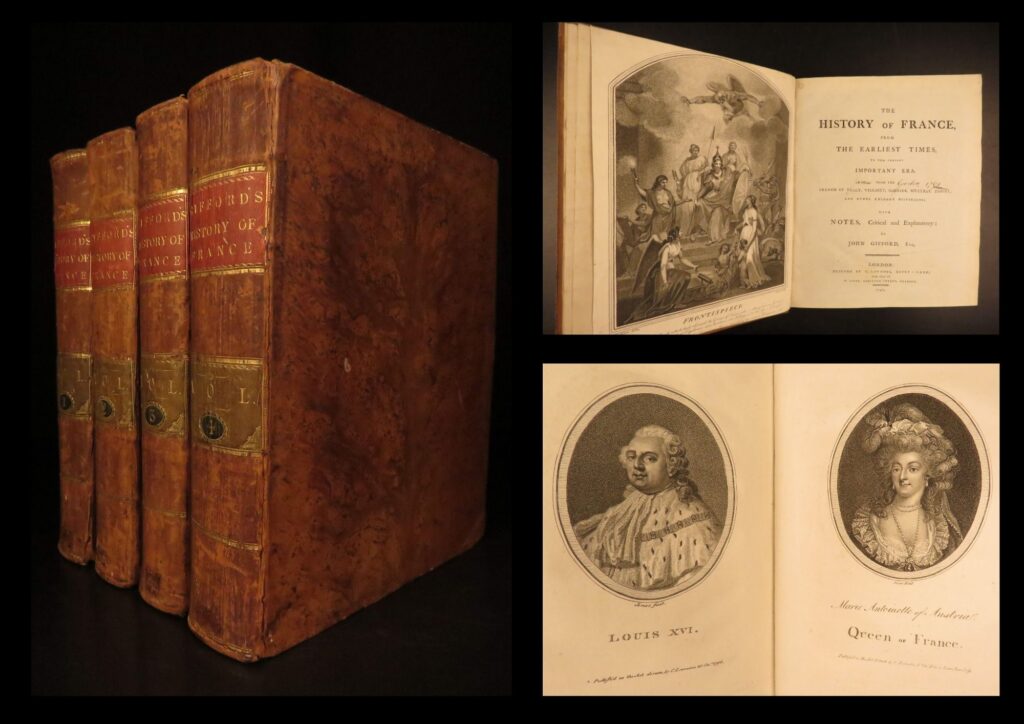 1791 – history of france by john gifford | illustrated with portraits of french kings | john gifford’s history of france (1791–1793), a four-volume english edition printed during the revolution, includes 50 engraved plates and covers french history from its earliest rulers through the 1770s.