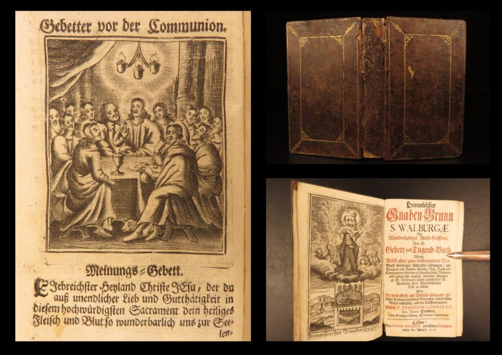 1738 – jesuit german devotional | saint walburga miracles & prayer book, lambertz | rare 1738 cologne devotional honoring st. Walburga by jesuit johannes lambertz, featuring prayers, novenas, and miracle accounts surrounding walburgis-oil and german catholic healing traditions.