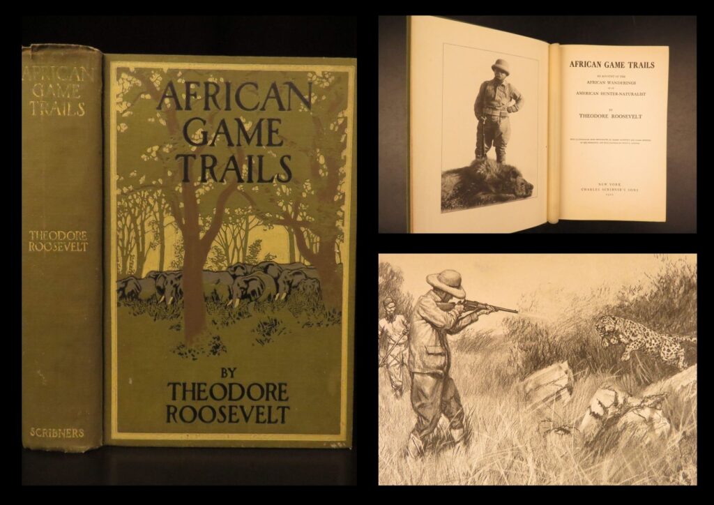 1910 – african game trails by theodore roosevelt | first edition, hunting trips | theodore roosevelt’s african game trails (1910) recounts his african safari with 200 photographs, documenting lion, rhinoceros, and giraffe hunting in british east africa.