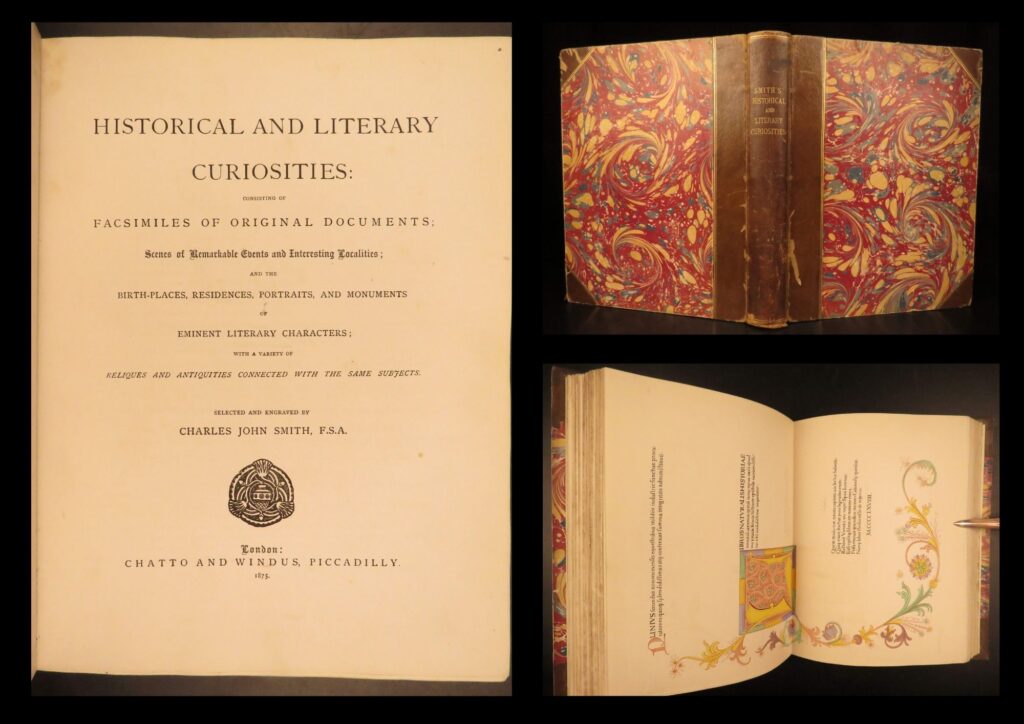 1875 – historical curiosities | beautiful letter facsimiles & illustrations – 100 plates! | historical and literary curiosities edited by charles john smith (1875) features 100 engraved facsimiles of historical documents including letters by dryden and walpole, newton’s residence, and mary queen of scots’ watch.