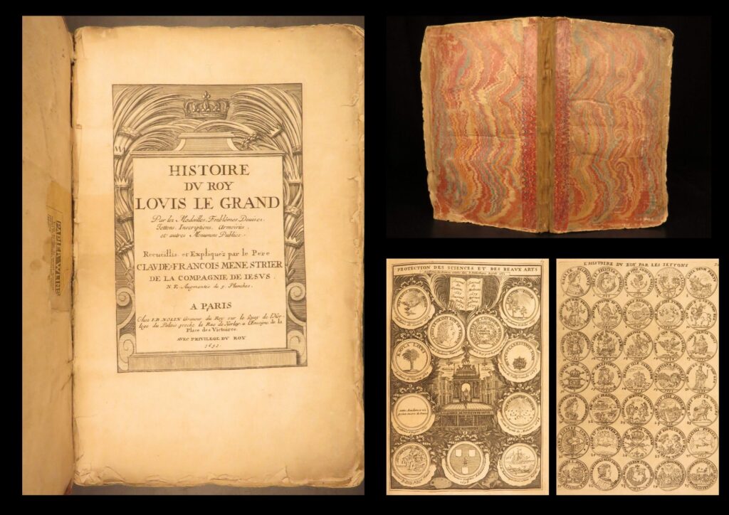 1691 – history of louis xiv the great | french numismatics & symbolism, medals | rare 1691 amsterdam pirated edition of menestrier’s history of louis xiv through medals and emblems, featuring 61 engraved plates including five satirical additions not found in the paris edition.