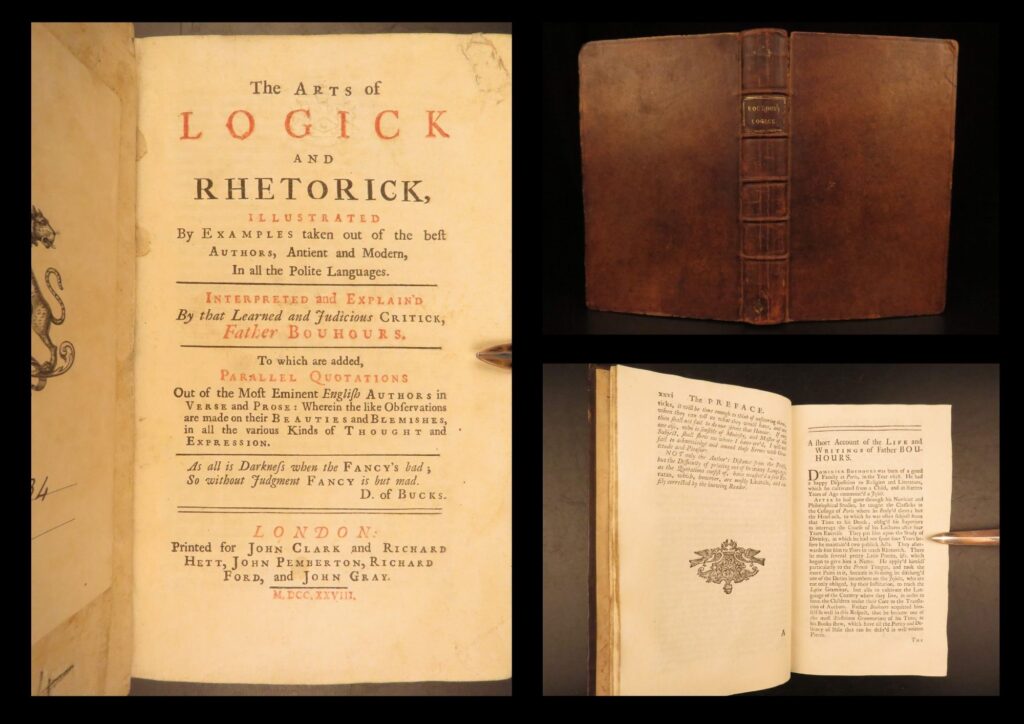 1728 – art of logic & rhetoric – bouhours | first edition, ancient literature criticism | 1728 english edition of bouhours’ work on logic and style, adapted by john oldmixon with literary examples from classical and early modern sources.