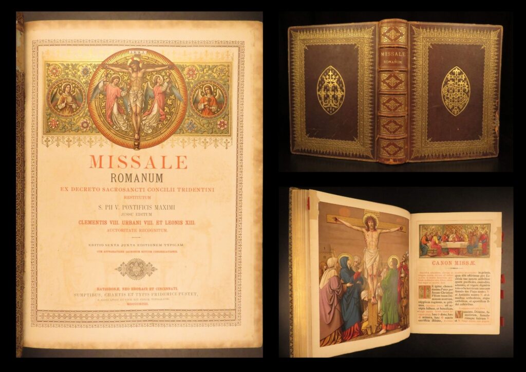 1893 – missale romanum, catholic church | decorative gilt binding, bavaria folio | latin tridentine missal printed in regensburg in 1893 by pustet, bound in decorative leather with red and black text, full-page engravings, and musical notation.