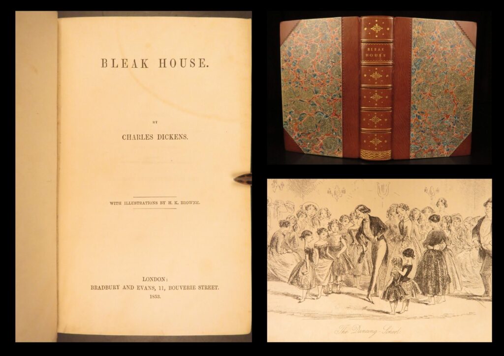 Bleak house – charles dickens – 1853 | first state, illustrations by phiz | <em>bleak house</em> by charles dickens is renowned for its sharp satire of the victorian legal system and its early experimentation with the detective genre. This first printing is illustrated with 40 plates by phiz.
