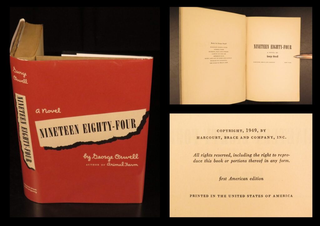 Nineteen eighty-four – george orwell – 1949 | dystopian novel, true first american edition | this true first american edition of george orwell’s dystopian classic <em>nineteen eighty-four</em> warns of the dangers posed to independent thought under the control of big brother’s totalitarian government.