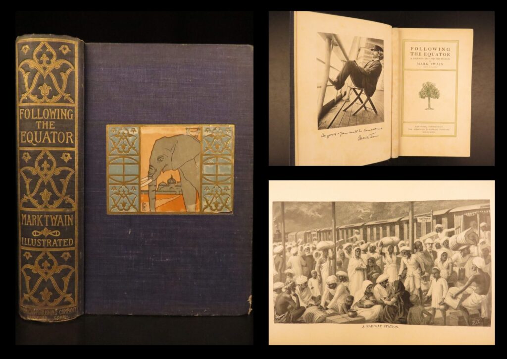 Following the equator – mark twain – 1897 | first edition, illustrated with 193 images | this first edition of mark twain’s 1897 travelogue <em>following the equator </em>provides twain’s social commentary on the british empire along with some curious fictional anecdotes, accompanied by 193 illustrations.