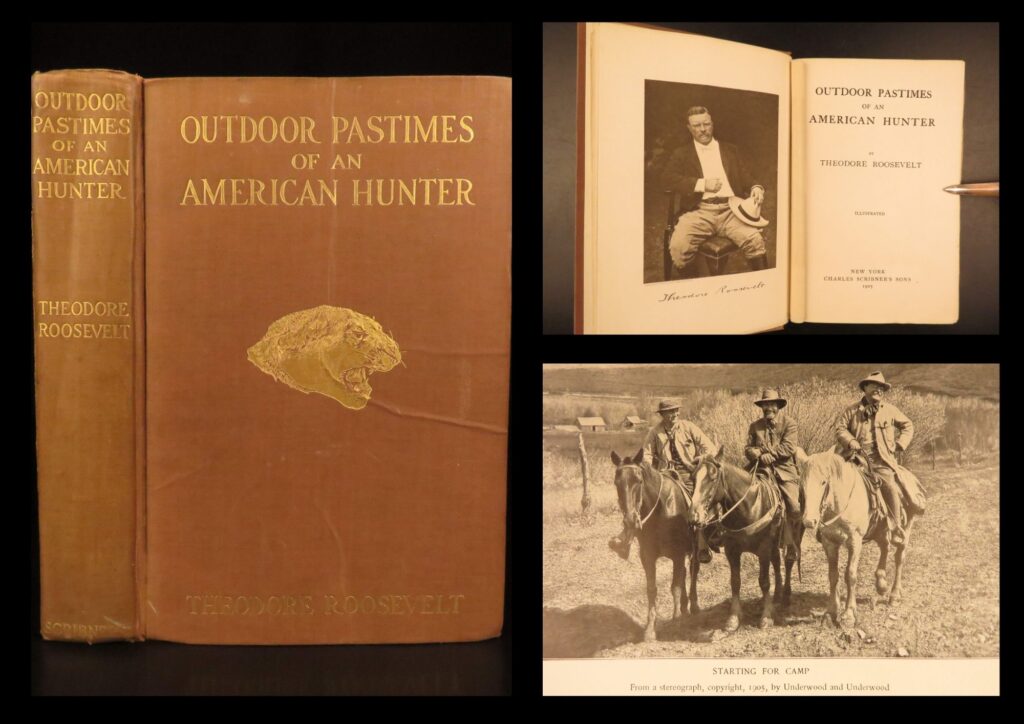 Outdoor pastimes of an american hunter – theodore roosevelt – 1905 | first edition, 48 lithographs | this first edition of theodore roosevelt’s <em>outdoor pastimes of an american hunter</em> published in 1905 includes all 48 lithographs in the original brown cloth binding.