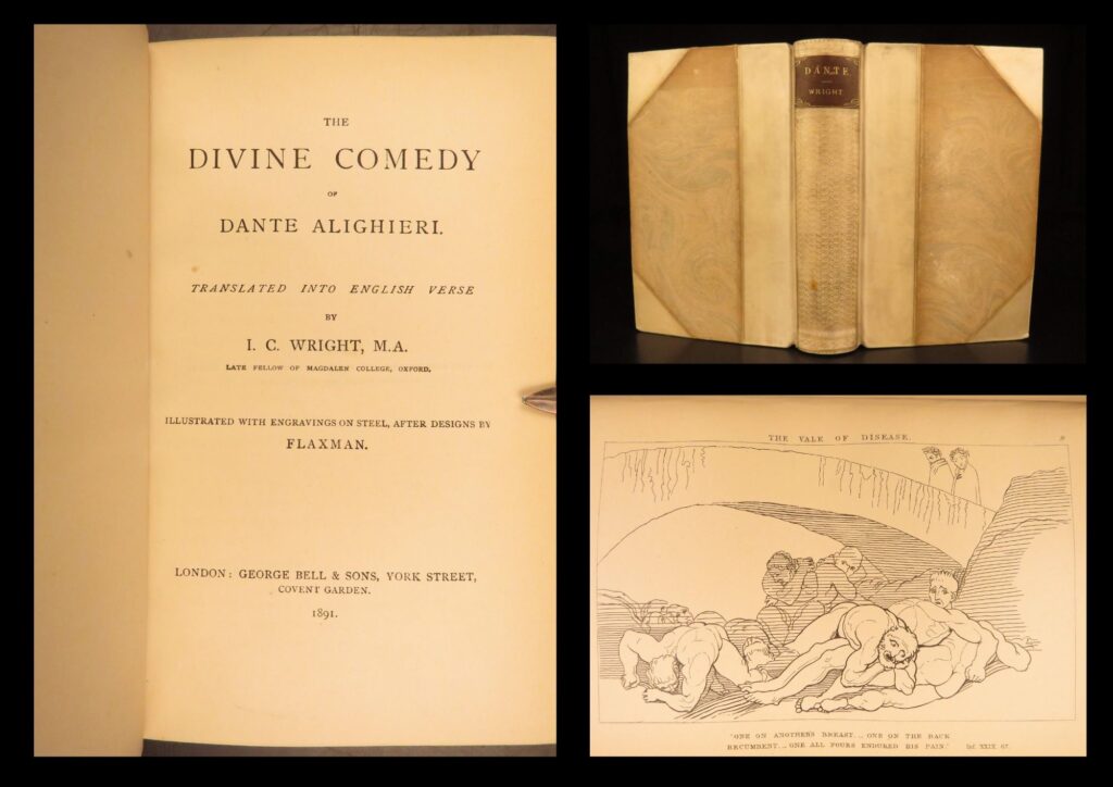 The divine comedy – dante – 1891 | flaxman illustrations | divine comedy | this 1891 edition of dante’s <em>divine comedy</em>, english translation by i c wright, published by bell and sons in london with a beautiful gilt-decoration binding and 34 steel engravings by flaxman.