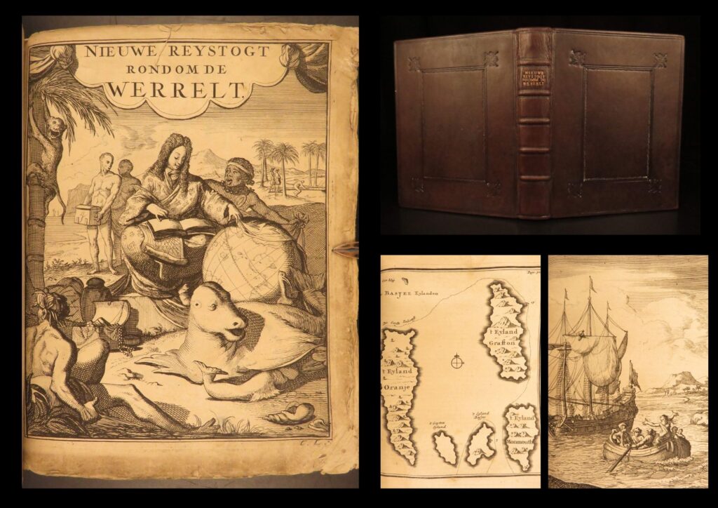 1698 – william dampier voyages | rare dutch edition | pirates & buccaneers | &nbsp; an incredible rare and desirable voyages book by william dampier. This book covers some of the most important and famous voyages from before the 17<sup>th</sup>-century. Dampier was an explorer and navigator himself and wrote this book in 1697 as a journal-style work. According to lowndes, “this work, written in the style of a plain blunt sailor, and full of correct information, particularly relative to the numerous islands in the pacific ocean – cook, byron, and others have been greatly indebted” <strong><u>this book follows the adventures of pirates and buccaneers. </u></strong> &nbsp; this volume from the 1698 dutch edition is a translation of “<em>new voyage round the world</em>” and includes numerous full-page and folding engravings. &nbsp; condition: near fine. Modern professional leather, beautiful display. Pages and engravings generally clean with little to no loss. &nbsp; item number: #28339 price: $1250