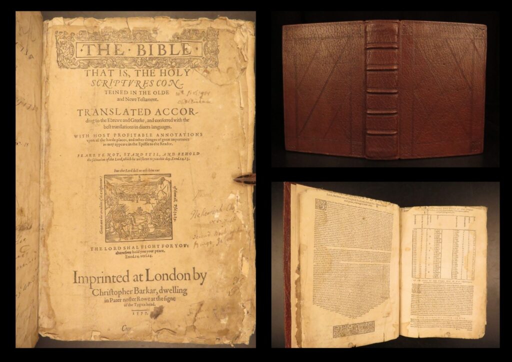 1577 – geneva breeches bible – christopher barker | apocrypha, holy land map | christopher barker’s 1577 geneva breeches bible with queen elizabeth dedication, map of the holy land, old and new testaments, apocrypha, and liturgical calendar, notable for the “breeches” variant in genesis 3:7. &nbsp;