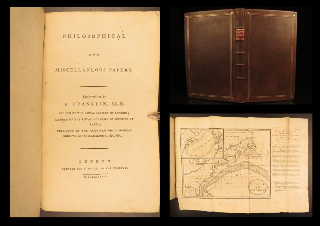 Philosophical and miscellaneous papers – benjamin franklin – 1787 | first edition | first edition of franklin’s 1787 philosophical and miscellaneous papers, printed in london, featuring essays on american society, native peoples, and inventions with four fold-out plates.