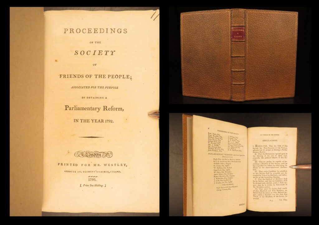 1793 – tracts on parliament reform | society of friends of the people | 4 in 1 | four late 18th-century british political tracts on parliamentary reform, including works by pigott, brand, and the friends of the people, bound in modern leather and printed between 1793 and 1796.