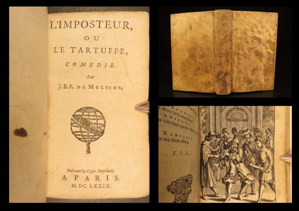 1679 – works of moliere | tartuffle, bourgeois gentlemen & pourceaugnac | elzevier | rare 1679 elzevier edition of four major works by molière including tartuffe and l’avare, bound in restored vellum with four full-page engravings, in a compact 16mo format.