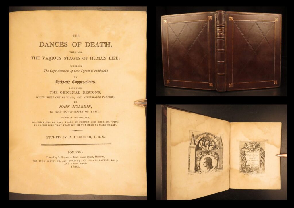 1803 – dance of death by hans holbein | first edition | bizarre, occult art | skeletons! | 1803 first edition of holbein’s the dances of death, featuring 46 etched illustrations, english and french texts, and modern leather binding preserving its structure and aesthetic.