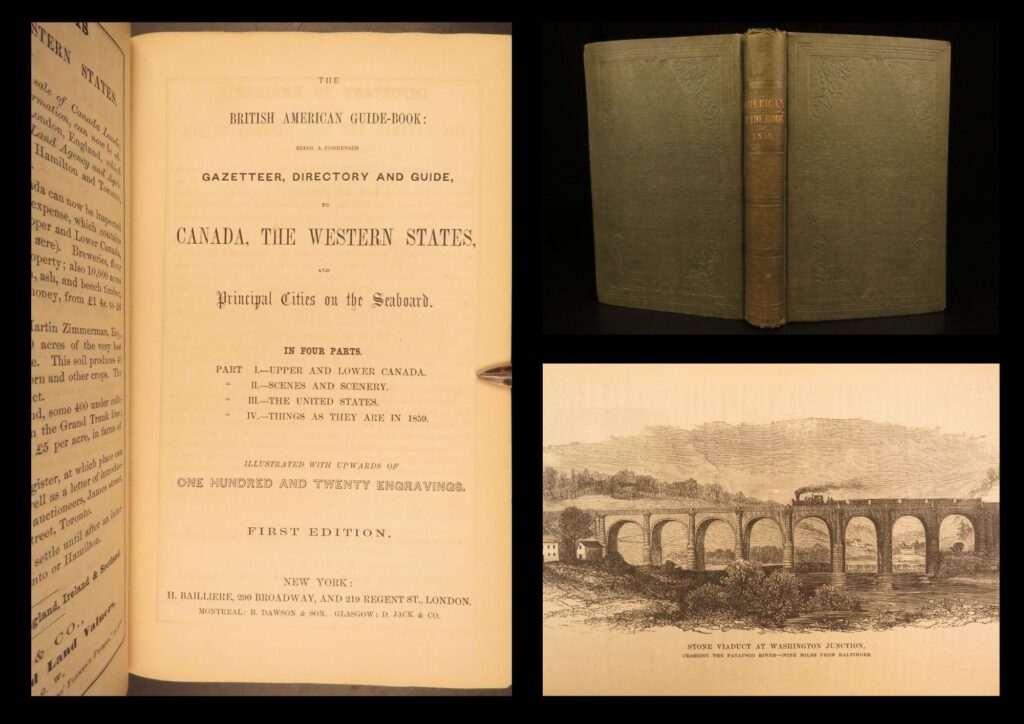 1859 – british american guide book | first edition, canada & united states history | an 1859 illustrated guide and civic directory published by h. Bailliere in new york, the british american guide-book details infrastructure, weather, businesses, and prominent locations throughout canada and the u. S.