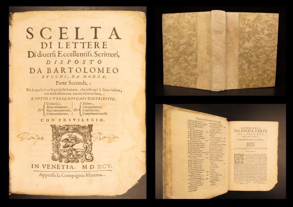 1595 – famous italian letters | aldo manuzio, annibal caro, torquato tasso, boccaccio | rare 1595 venetian edition of scelta di lettere, edited by bartolomeo zucchi, containing first-print letters by tasso, bembo, manuzio, and others focused on italian political and literary life.