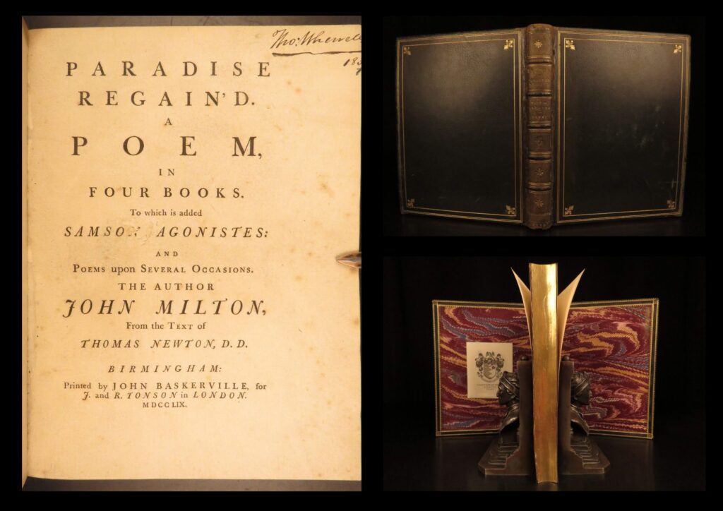 1759 – paradise regained – john milton | famous baskerville printing | john milton’s paradise regain’d, printed by baskerville in 1759, is a theological epic focusing on christ’s temptation. This quarto edition in full gilt leather lacks the portrait but includes all text and rear material.