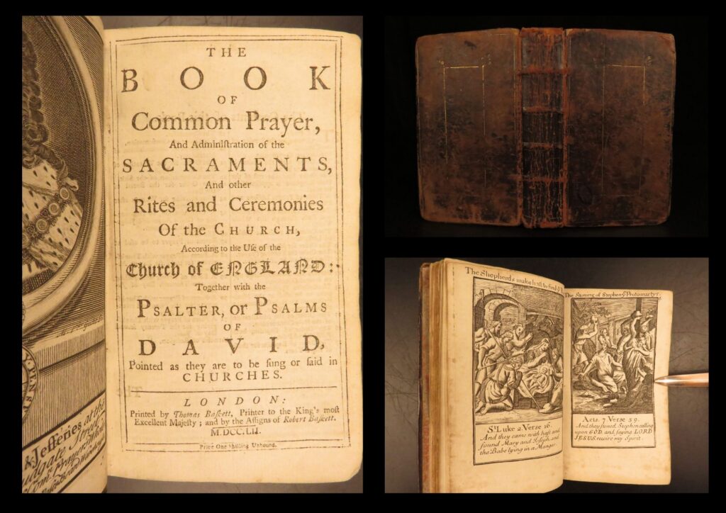 1752 – book of common prayer, church of england | john baskett & sternhold psalms | church of england’s 1752 book of common prayer printed by thomas baskett in london, featuring the separately titled whole book of psalms (1751), in original full leather with clean engravings.