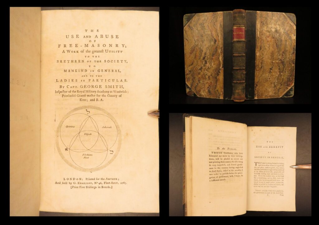 1783 – use & abuse of freemasonry | masonic secrets and oaths! | first edition | first edition by george smith, grand chaplain, addressing masonic oaths, secrecy, european lodges, and ceremonial practices in 18th-century freemasonry.