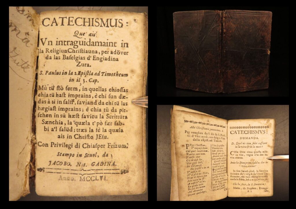 1756 – romansh catechism for upper engadine | chiasper frizum commentary | 1756 catechism in upper engadine romansh (puter), printed in scuol for regional protestant churches, with q&a on the ten commandments and prayers, bound in original leather with notes.