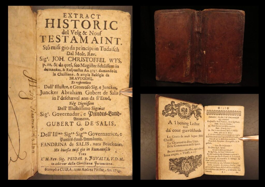 1719 – romansh devotional & catechism, johann wyss | puter protestant bible commentary | printed in cuira in 1719, wyss’s extract historic del velg e nouf testamaint is a structured theological dialogue in romansh, translated by juvalta and tied to the reformed church.
