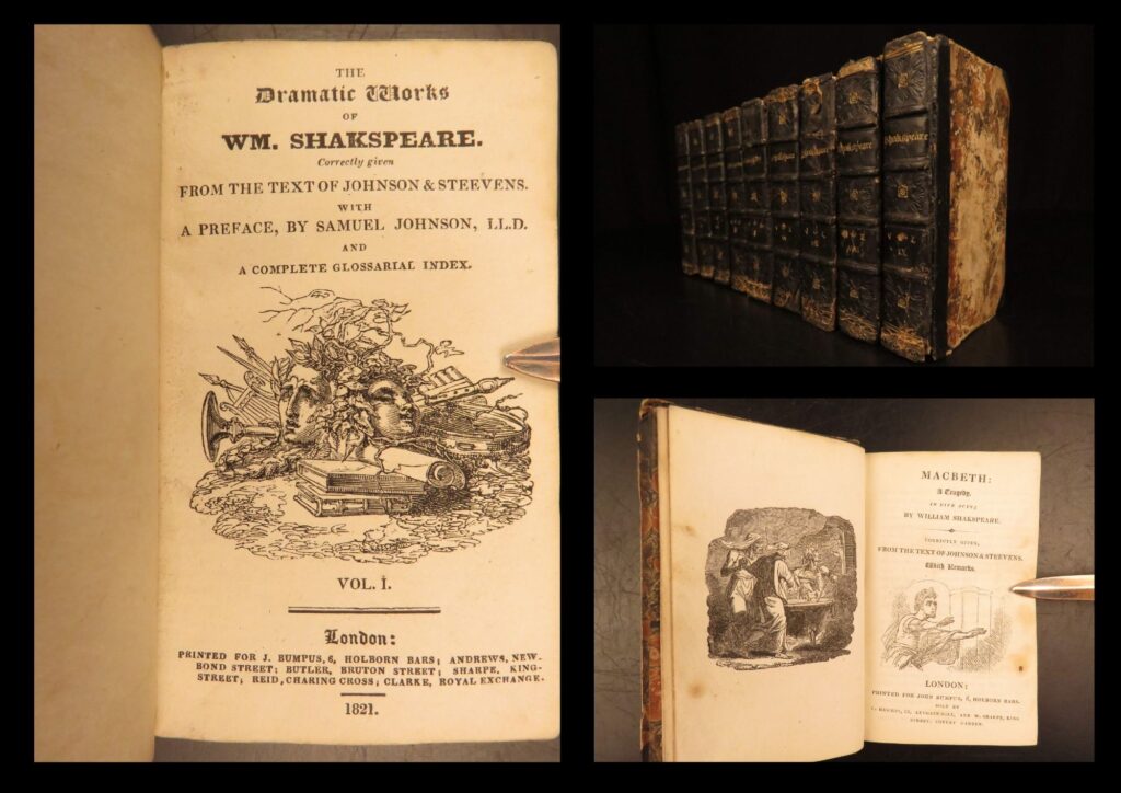 1821 – works of william shakespeare | steevens & johnson | 9 volume set | nine-volume 1821 edition of shakespeare’s plays in miniature format edited by johnson and steevens, featuring comedies, histories, tragedies, and a glossary in original leather binding.