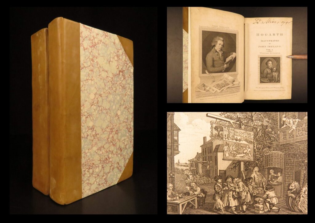1791 – william hogarth illustrated – john ireland | first edition | illustrated plates | first edition of hogarth illustrated by john ireland (1791), two complete volumes with 90 engraved plates reprinting hogarth’s social satires, including a rake’s progress and a harlot’s progress.