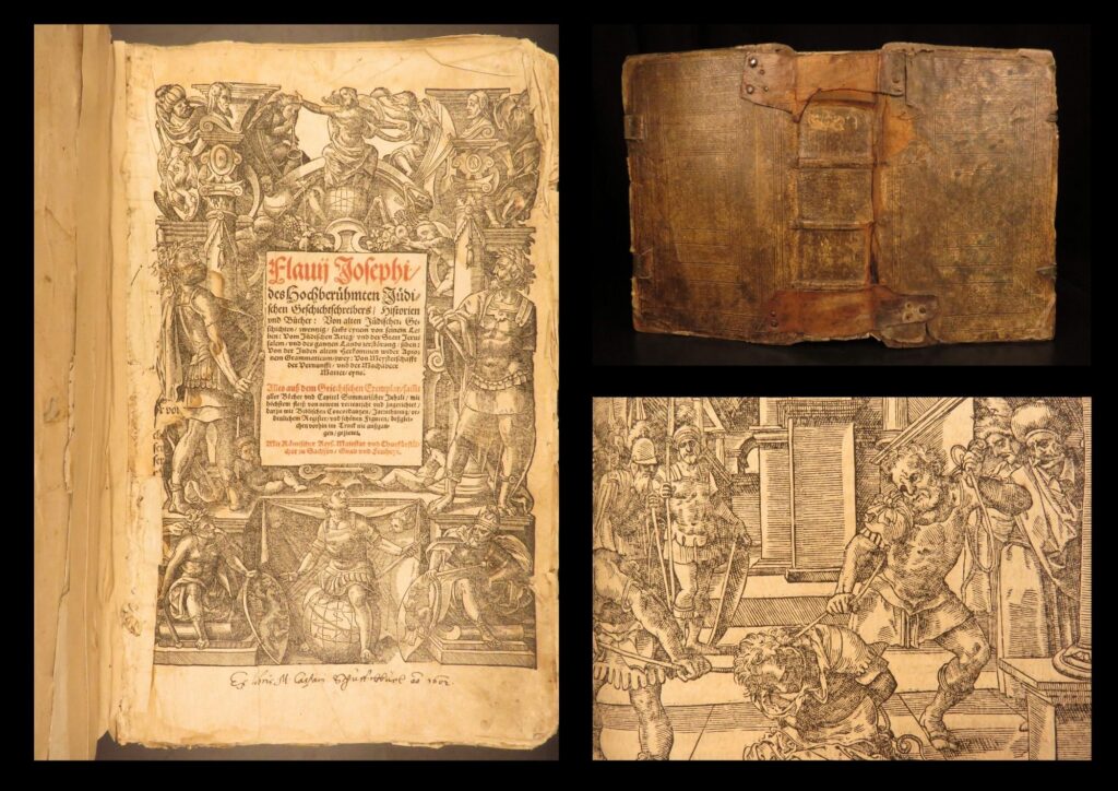 1578 – works of flavius josephus | huge german folio | illustrated woodcuts | german folio edition of josephus’s antiquities, printed in 1578 in strasbourg by rihel, with full woodcuts and bound with egesippus’s five christian historical books in vellum.