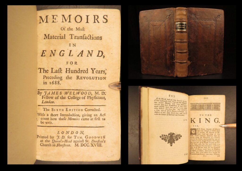 1718 – memoirs of james welwood | observations of england under queen elizabeth | memoirs of the most material transactions in england by james welwood (1718) surveys a century of political events in england, featuring key figures such as mary queen of scots and king james i.