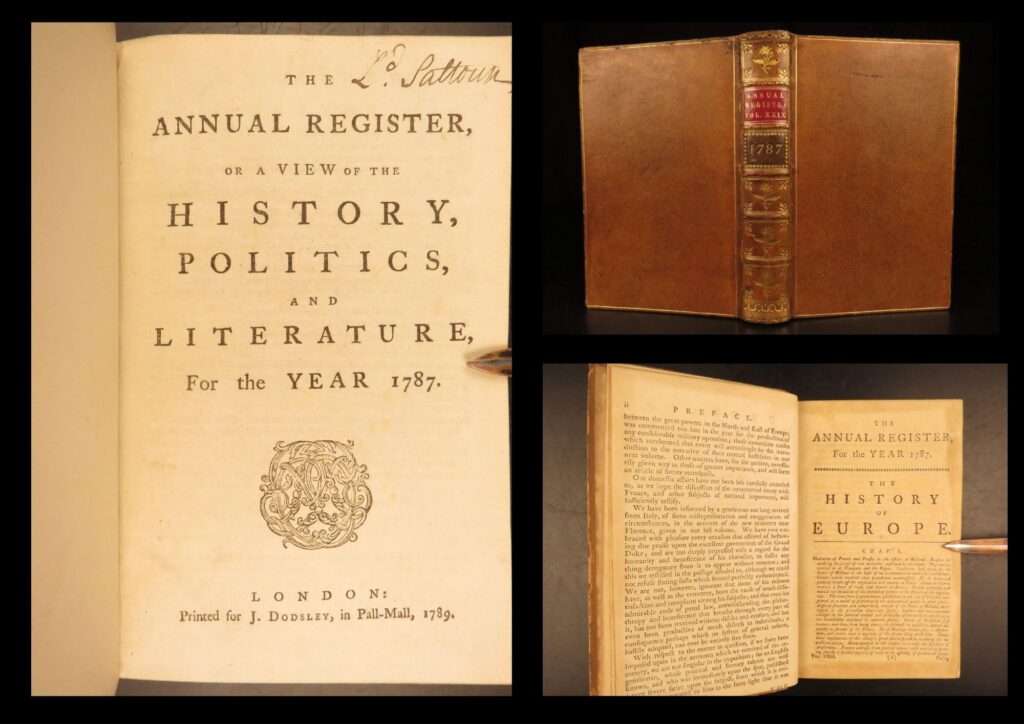 1787 – annual register | early united states constitution & ben franklin letters | dodsley’s 1789 issue of the annual register features an early printing of the u. S. Constitution along with reports on political events in holland, french revolutionary views, ethnographic notes, and poetry by thomas wharton.
