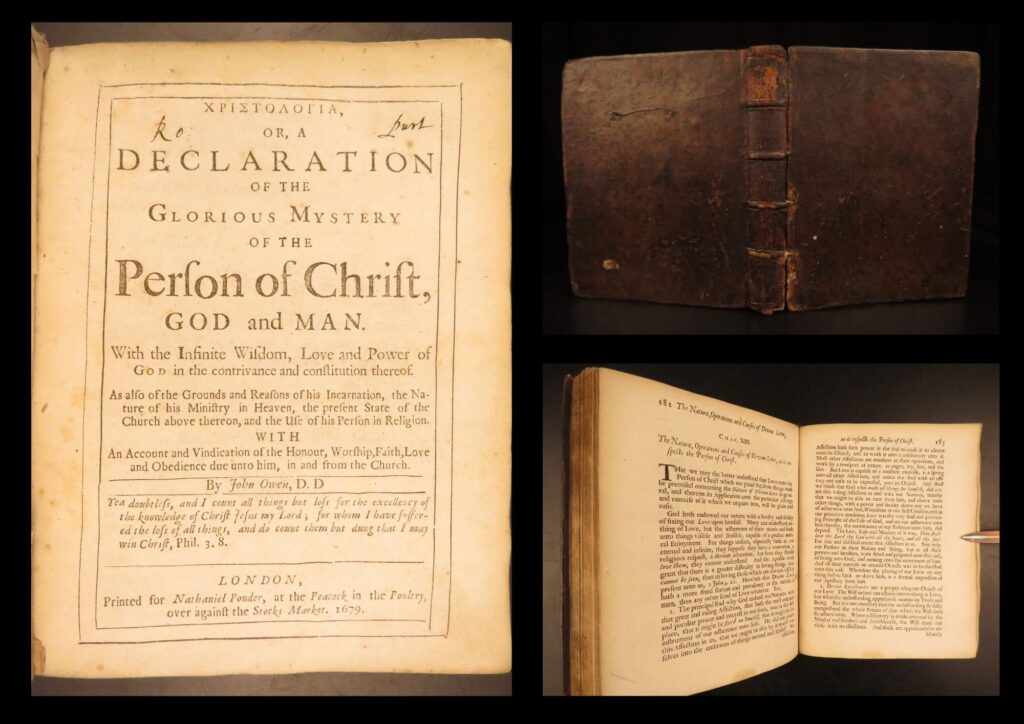 1679 – glorious mystery of christ, john owen | first edition, puritan doctrine | first edition of christologia by john owen, printed in london in 1679. A complete theological study of christ’s nature from a leading puritan writer, bound in original full leather.